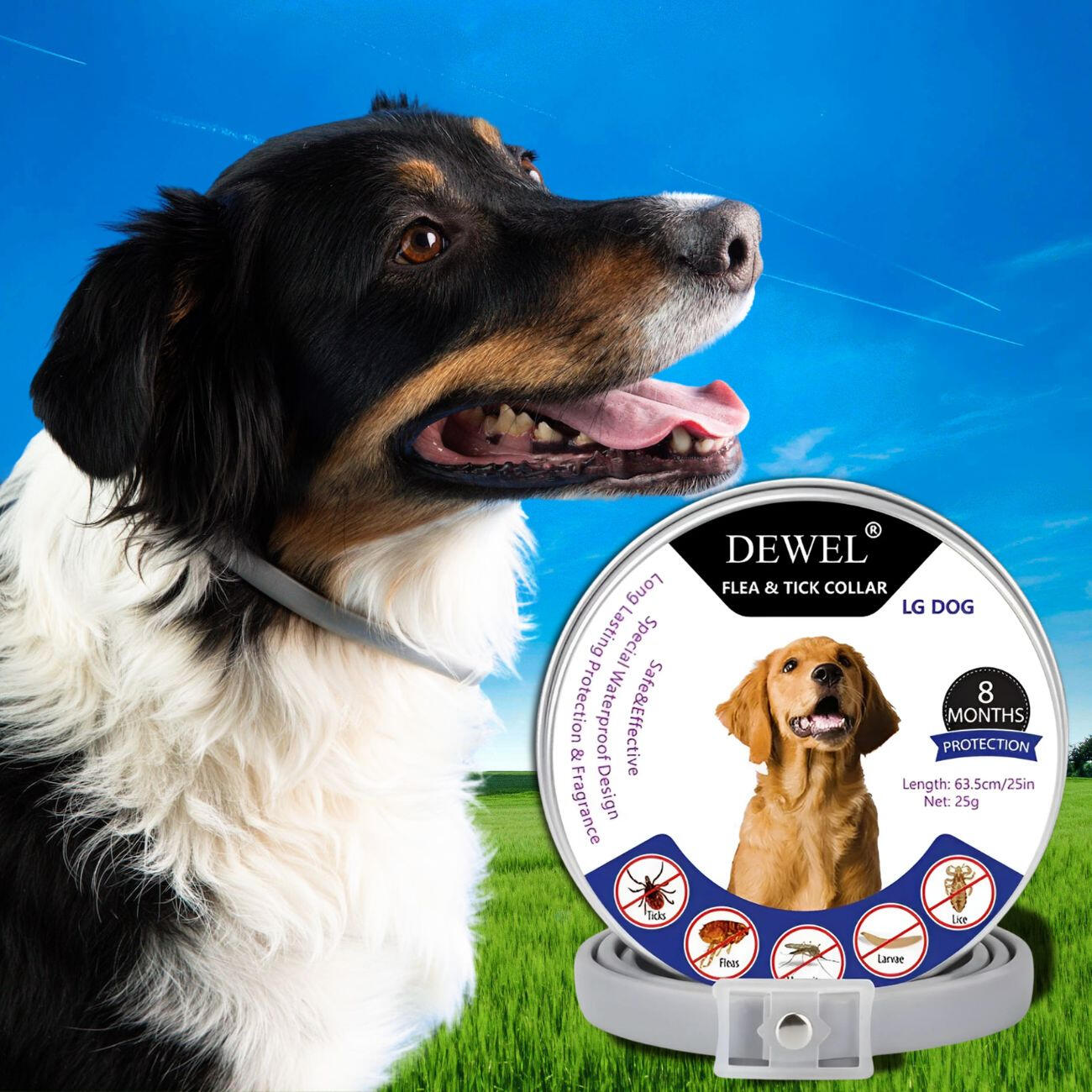 DEWEL Natural Flea and Tick Collar for Dogs — (8-Month Protection)